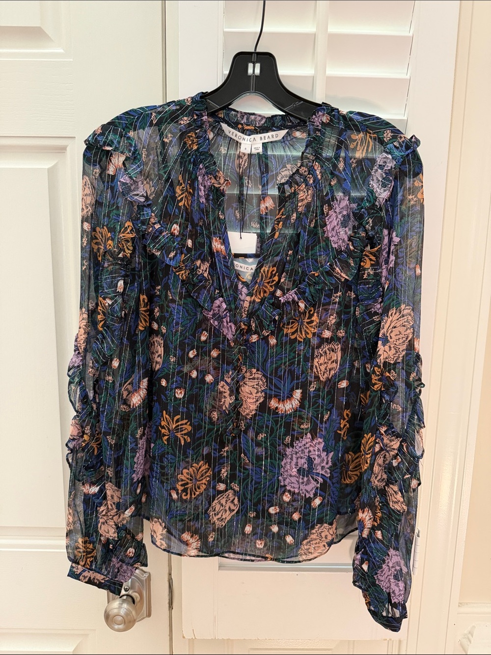 Veronica Beard Navy Floral Ruffle V-Neck Blouse with Purple & Tan Accents